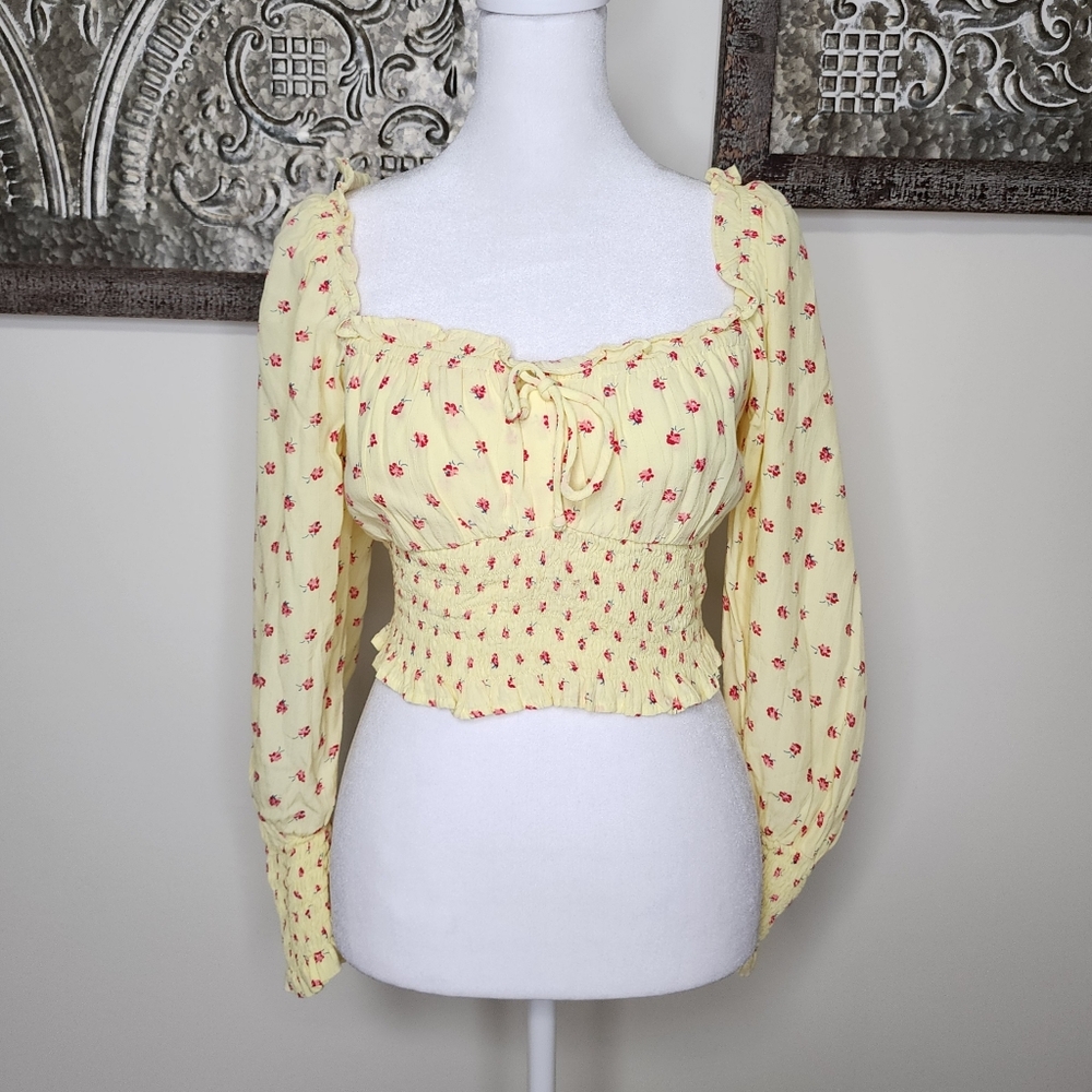 Faithful The Brand Ella Yellow Floral Smocked Long Sleeve Crop Top Sz 6 Milkmaid